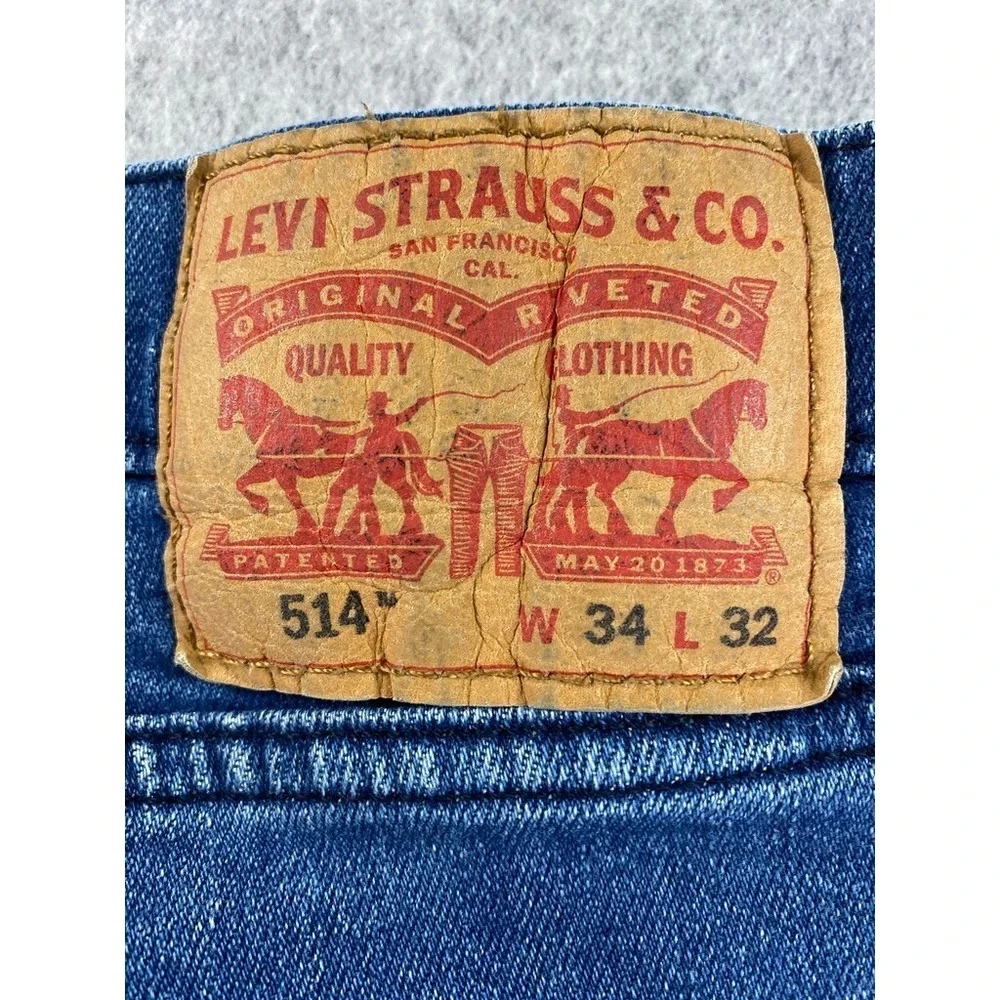 Levis 514 Jeans Mens 34x32 (Fits 34x31) Blue Denim Faded‎ Whiskers Straight Leg
